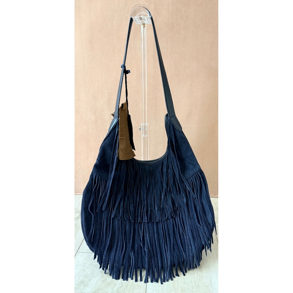 Vilenca Holland Dark Navy Suede Fringe Hobo Bag Boho Festival Western NWOT